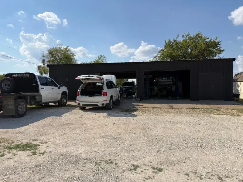 The Young Motorsports shop and gravel lot in Alvarado, Texas